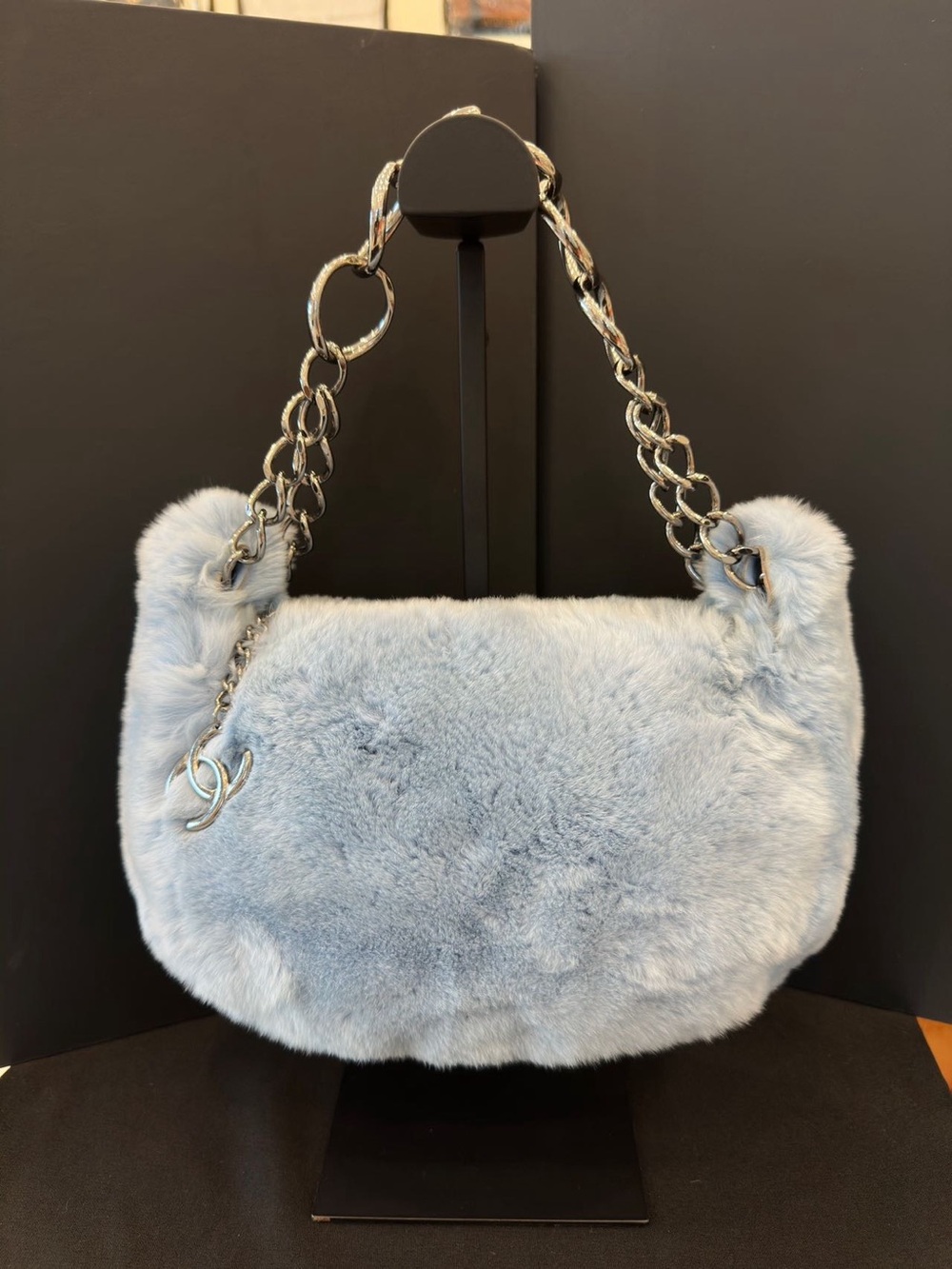Chanel light blue rabbit fur silver chain shoulder bag